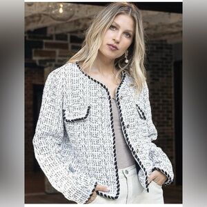 POL Clothing black and white textured tweed sweater blazer
